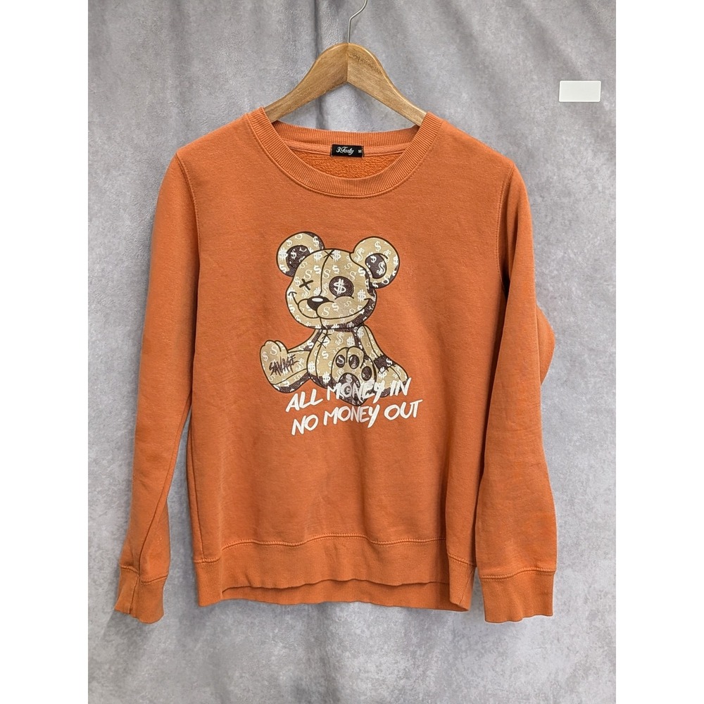 3Forty‎ All Money In Teddy Bear Graphic Sweatshirt Burnt Orange Crewneck Medium
